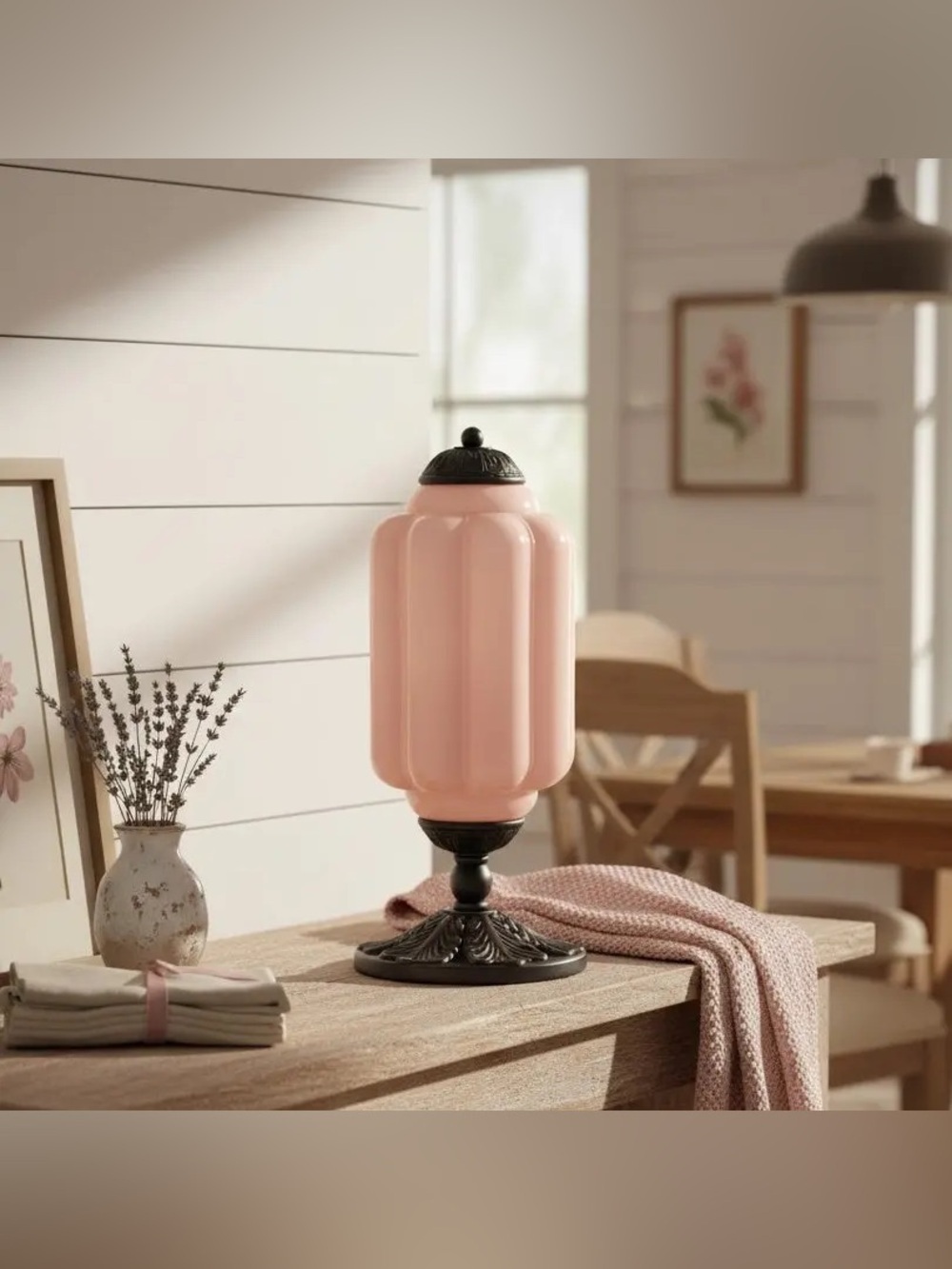 Anthropologie The Eloise Scallop Milk Glass Table Lamp Pink/Black NIB Corded